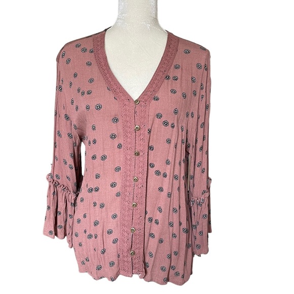 Maurices Womens Pink Floral Daisy Print Bell Sleeves Top Size S Hippie Bohemian - Picture 1 of 9